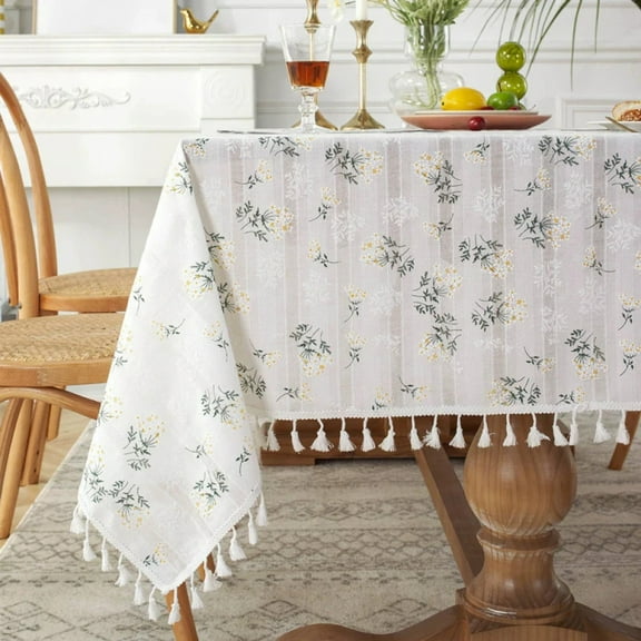Beige Daisy Lace Tassels Cotton Tablecloth Rectangle Table Cover for Tea Table Decorations Kitchen Living Room Wedding Party Use