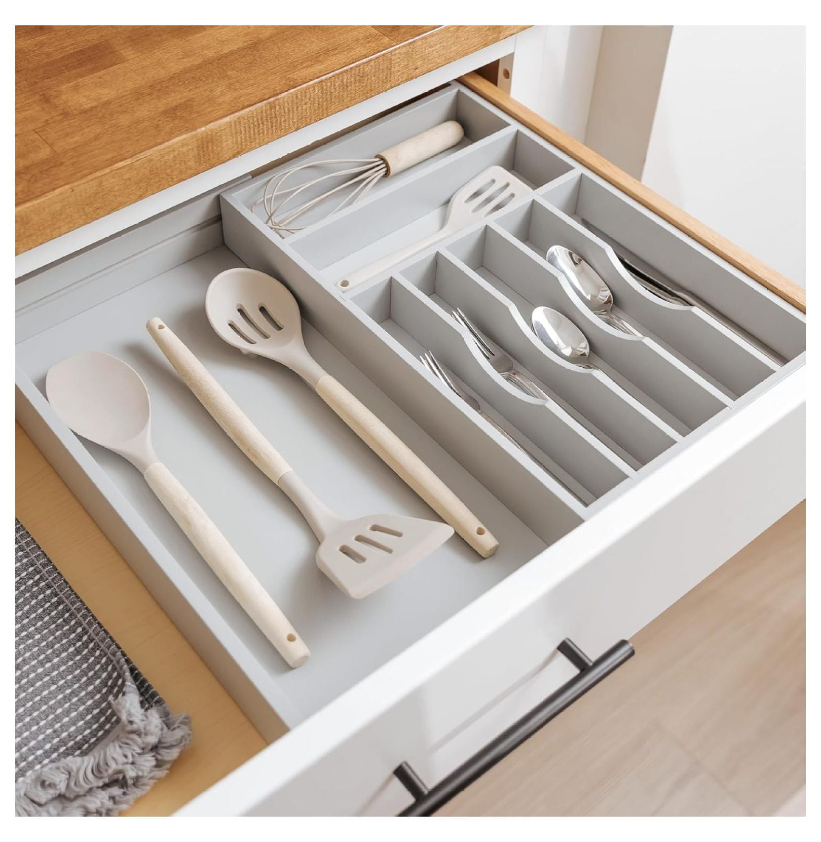 Premium Silverware, Flatware and Utensil Organizer for Kitchen Drawers, Food-Safe Contract Grade, Expandable from 10.5 to 19 In, Gray Bamboo