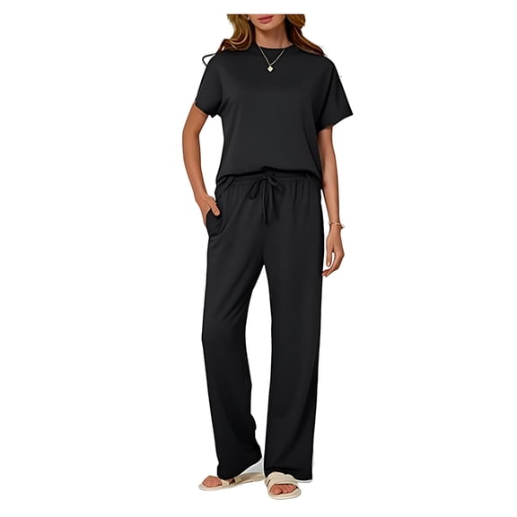 Women'S Two-Piece Casual Suit Travel Sportswear Short-Sleeved Wide-Leg Casual Sports Suit Black Suit S