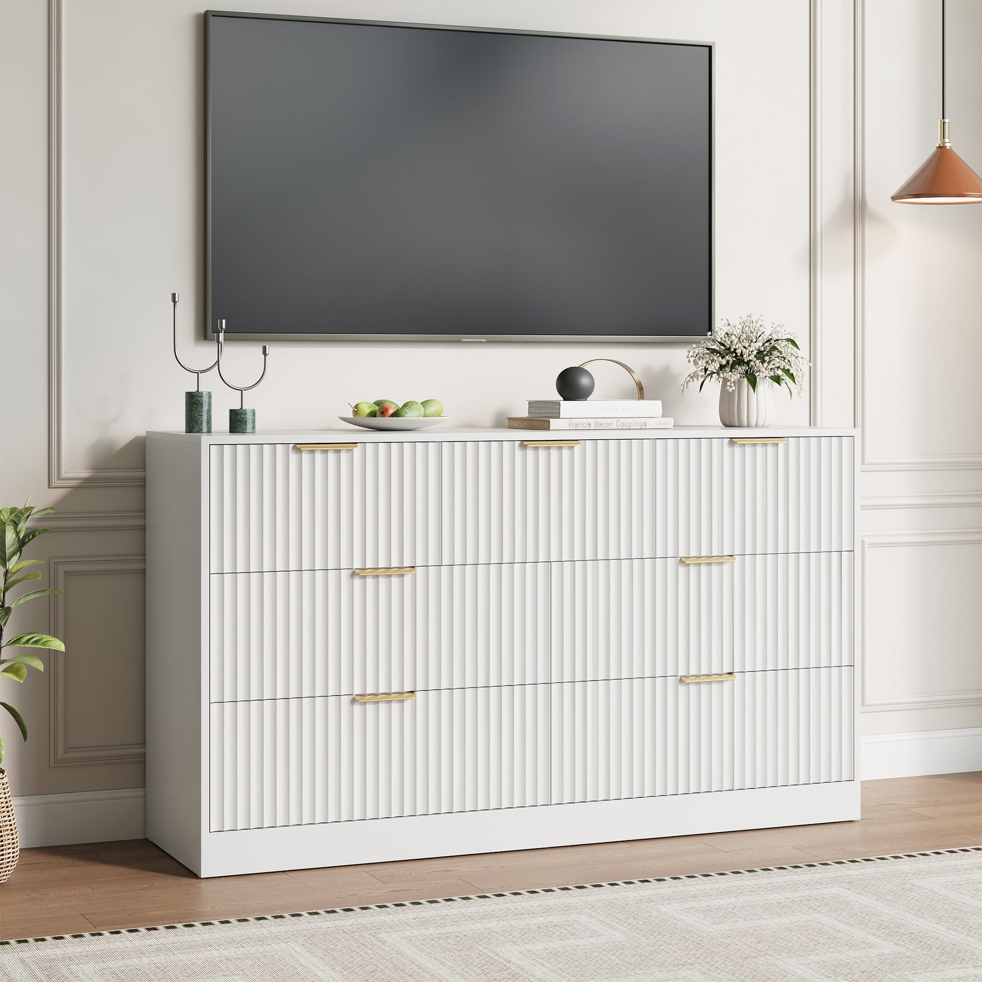 YouTrend 55.1"W Fluted Dressers for Bedroom with 7 Drawers,Modern Chest of Drawer TV Stand for Adults,Wood Clothes Storage for Living Room,White