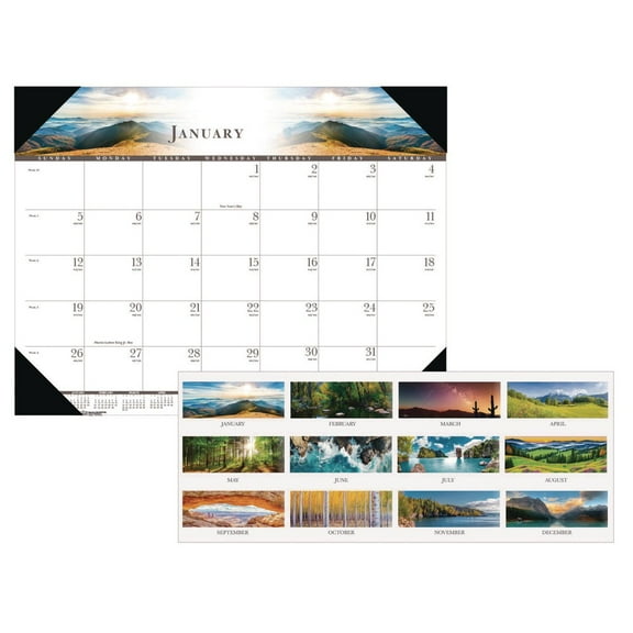 22 in. x 17 in. 12-Month (Jan-Dec 2026) Recycled Full-Color Monthly Desk Pad Calendar - Black Binding/Corners