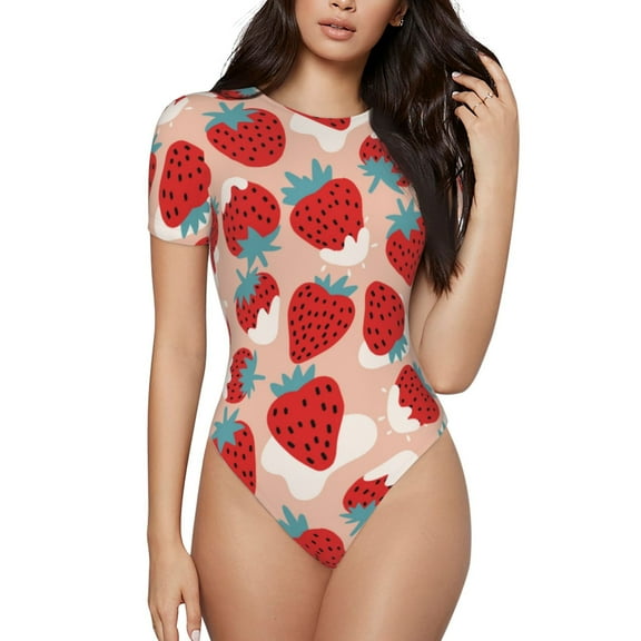 Hirioo Red Strawberry for Women's Round Neck Short-sleeved Onesie Basic Bodysuits-Small