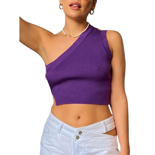VISgogo Camisola Femenina, Color Sólido Un Hombro Tejido Chaleco Sin Respaldo Crop Tops Traje De Verano, S/M/L VISgogo moda