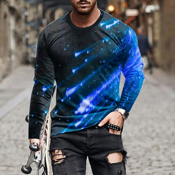 Goodtrade8 Printed Mens Plus Size Tops Long Sleeve Athletic Crew Neck Blue Fall Shirts