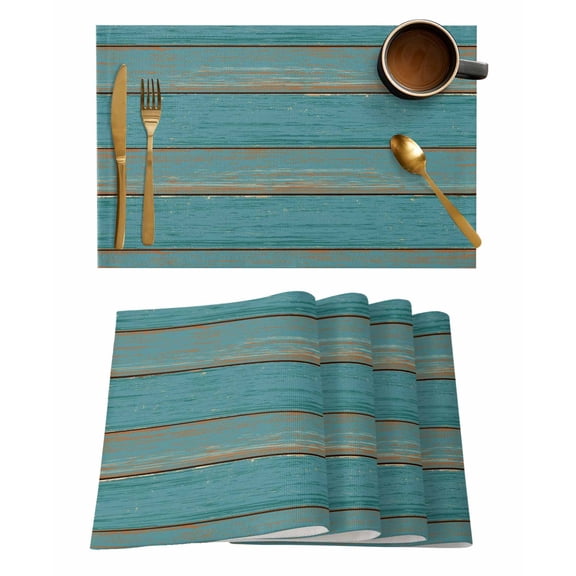 Placemats Set of 4, Teal Wood Grain Woven Placemat, Linen Place Mats for Kitchen/Dining Tables, Farmhouse Vintage Wooden Rustic Washable Table Mats for Party