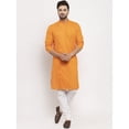 thumbnail image 1 of eloria Men's Orange Solid Angrakha Thread Work Kurta With Churidar Pyjama, 1 of 6