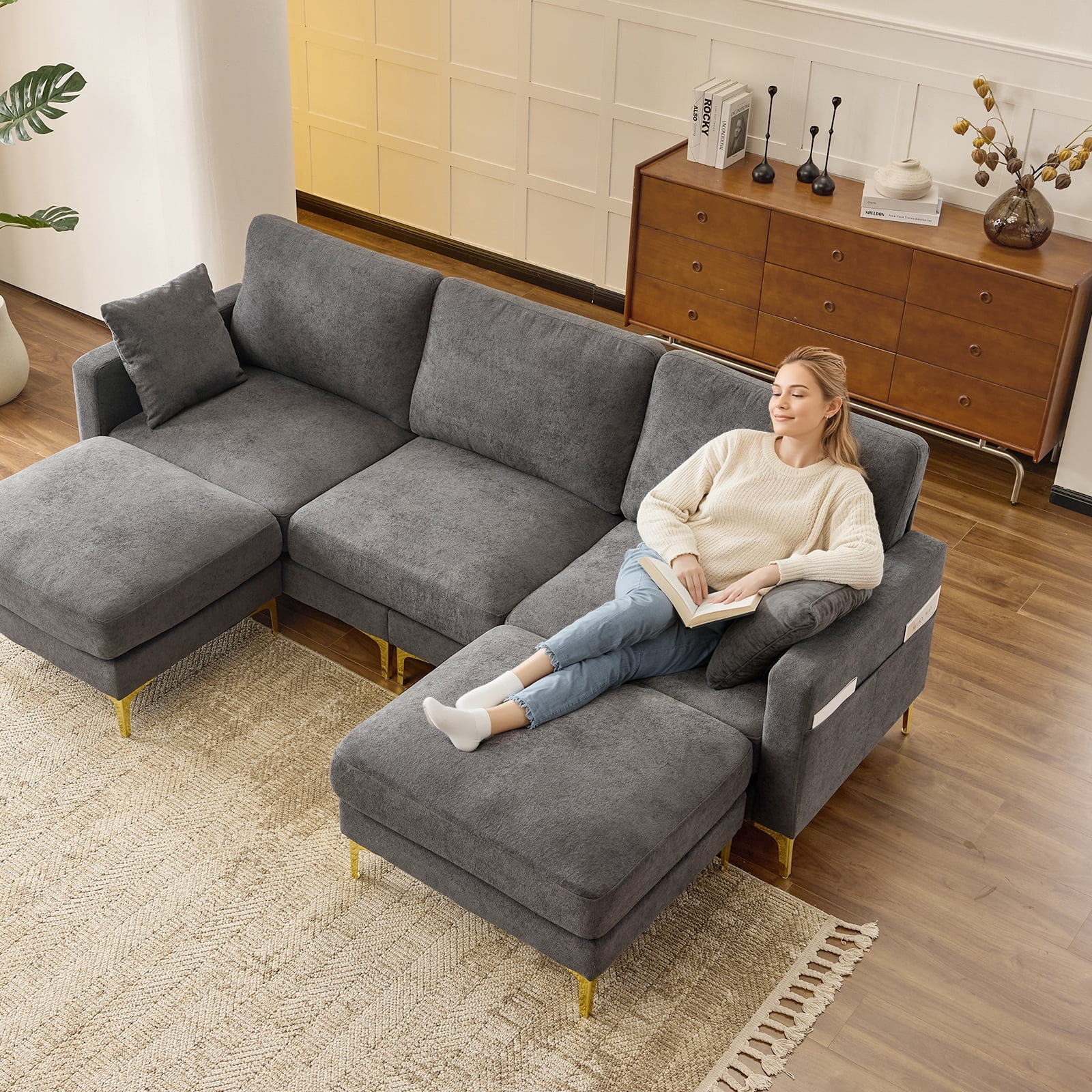 Ktaxon U-Shaped Sofa with 2 Removeable Ottoman Footrests, Flannel Deep Seating Couch for 3, Converts to Sleeper for Bedroom Living Room Furniture Dark Gray