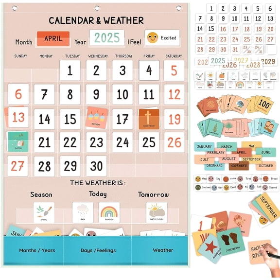 Calendar and Weather Pocket Chart for Classroom, 35½" x 25½" Large Boho Calendar for Kids, Toddler Learning Activities Chart, Homeschool and Teacher Essentials 114 Cards$$