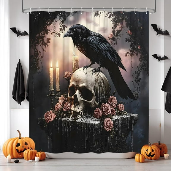 Halloween Raven Shower Curtain Gothic Crow on Skull Skeleton Pink Rose Candle Dark Night Dead Tree Birds Grey Forest Animal Fabric Bathroom Decor Curtain Sets with Hooks-36"W x 72"L (Pack of 1)