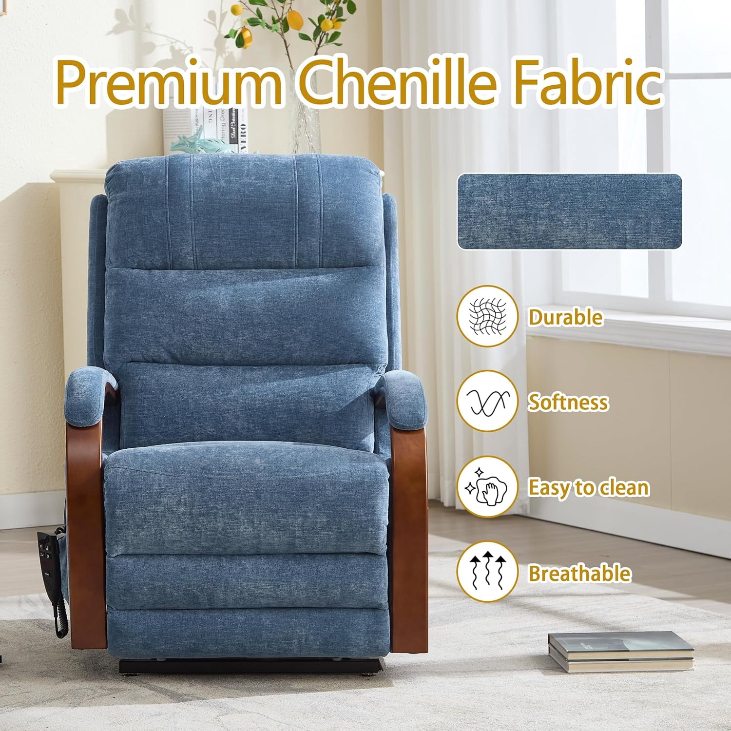 Power Lift Recliner Chair for Elderly People, Dual Motor Lift Chair with Vibration Massage and Heat, Lay Flat Recliner with Solid Wood Armrest, Standing Assistance Reclining, Chenille Fabric Blue