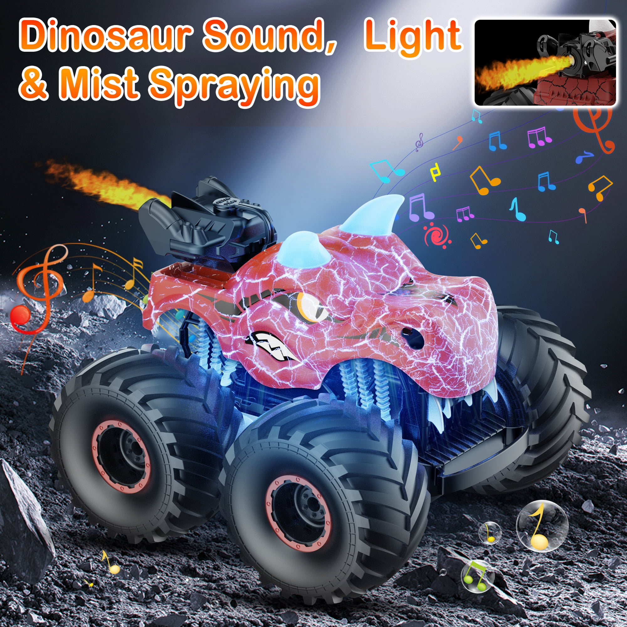 UUGEE Remote Control Car Toys, 2.4GHz RC Dinosaur Cars for Boys Girls Toddlers, 360° Rotating Monster Trucks with Light, Sound & Spray, Christmas Birthday Gifts for Kids 6 7 8
