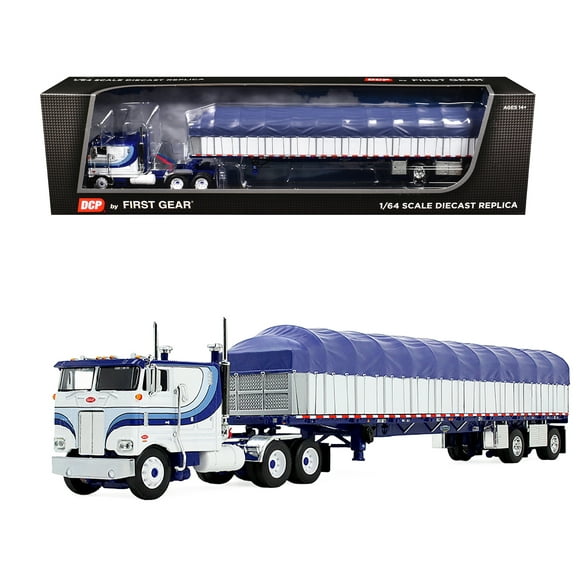 Peterbilt 352 COE 110" Sleeper and 53â€™ Wilson Roadbrute Flatbed Trailer with Covered Wagon White with Blue Stripes 1/64 Diecast Model by DCP/First Gear