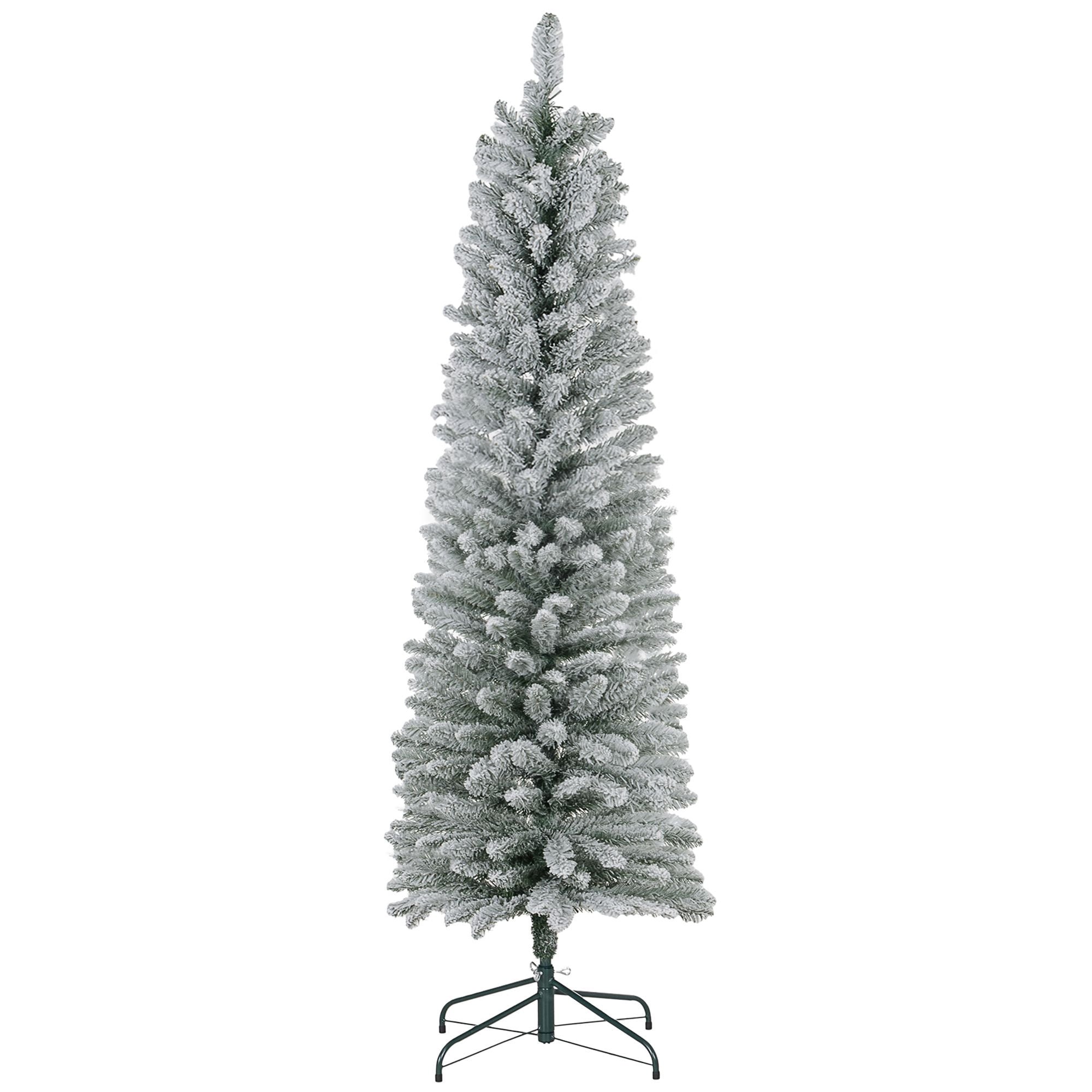 6 ft Artificial Christmas Tree with Snow Flocked Branches, Pencil Slim Design, Metal Base, 329 Tips, Indoor Holiday Decor