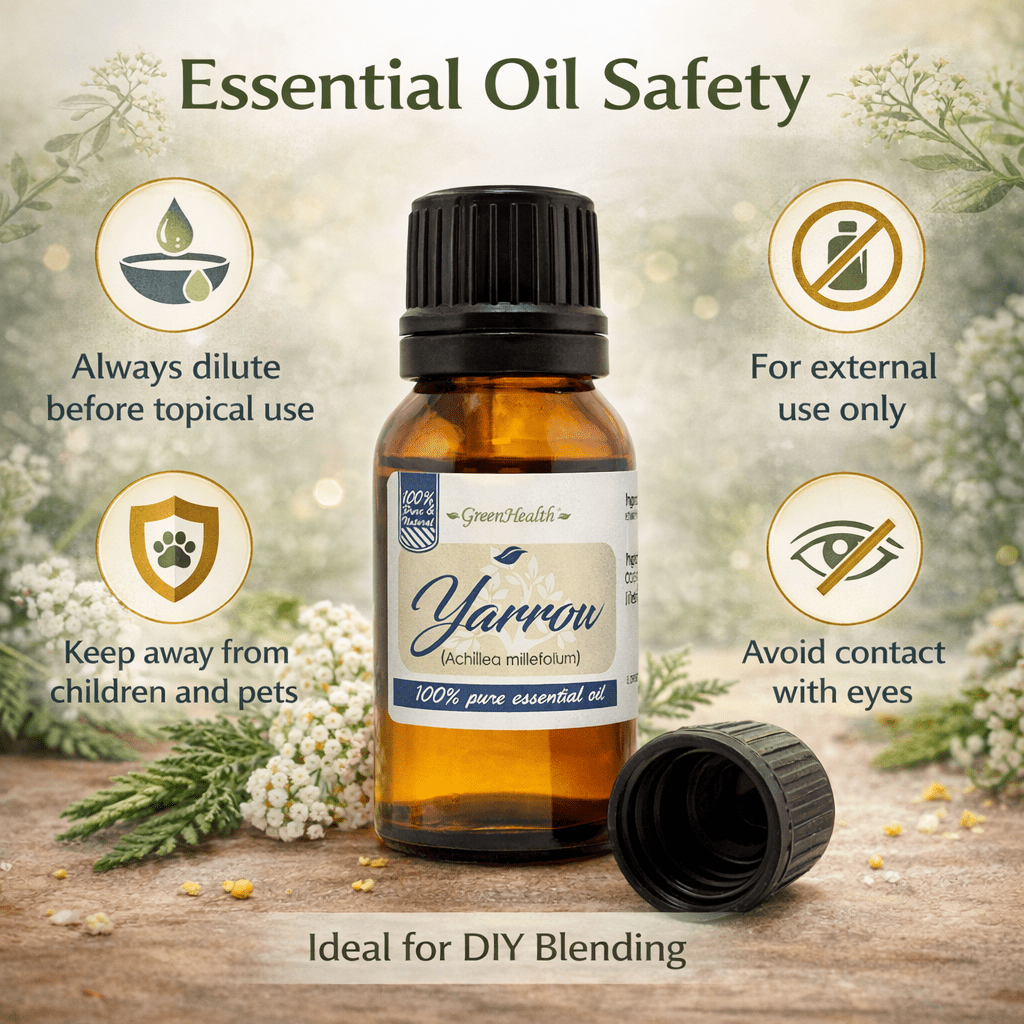 Yarrow Essential Oil – 100% Pure Achillea Millefolium Oil – Aromatherapy Oil for Diffuser, Soap Making, Candle Making –  15 ml (1/2 fl oz) Amber Glass Bottle w/ Euro Dropper – GreenHealt