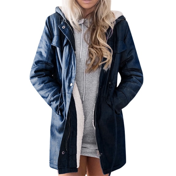 Women's Warm Denim Hooded Jacket - Long-Sleeve Pocket Fleece-Lined Casual Overcoat, Navy Blue, L