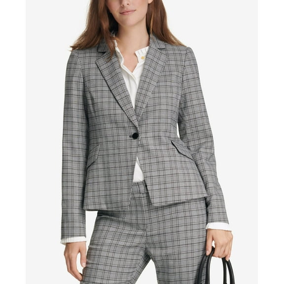 Calvin Klein One Button Plaid Blazer Black/Cream 6