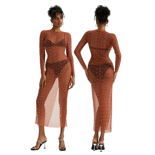 SUNSIOM Robe de Bikini en Maille Transparente pour Femmes, Manches Longues, avec Décoration de Perles, Maillot de Bain