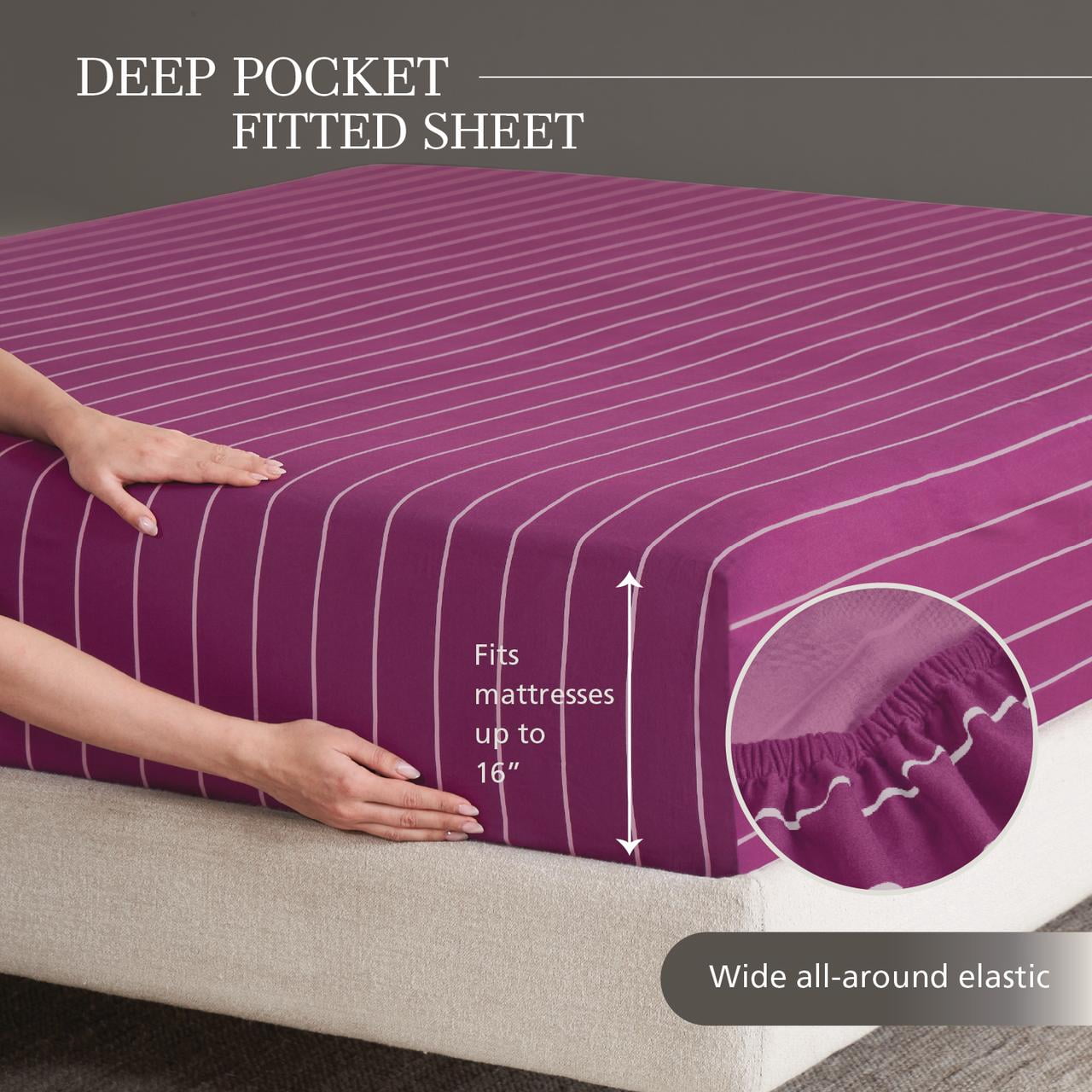 Mainstays 4-Piece 220 Thread Count Maroon and Pink Stripe 100% Peached Cotton Dreamy Soft Bed Sheet Set, Full