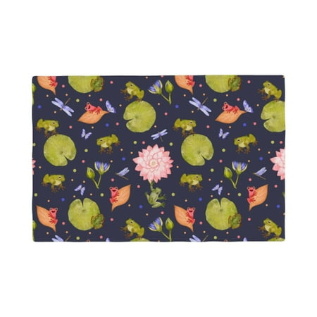 

Table Placemats Set of 6 - Frog And Flowers 12x18 In Faux Linen Double Heat Resistant Place Mats Cloth Indoor/Outdoor Placemats Washable Table Mats for Dining Kitchen Party