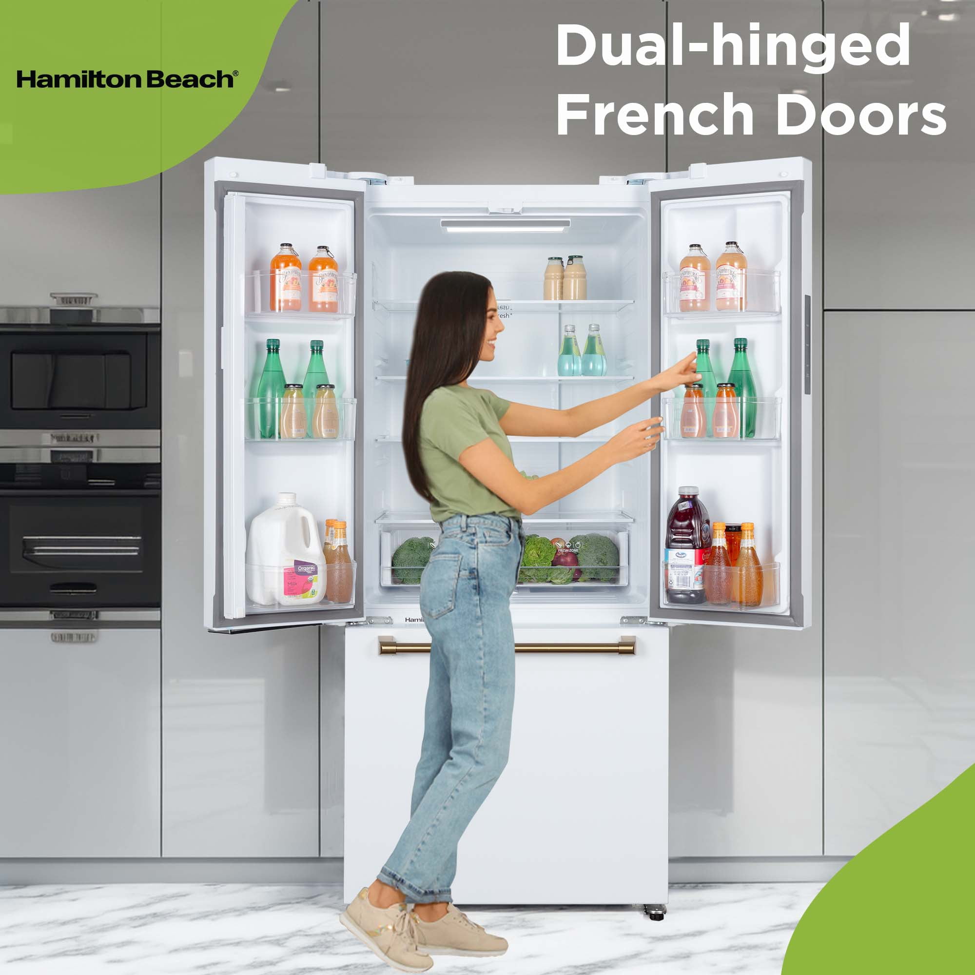 Hamilton Beach 17.7 Cu. ft. Frost Free French Door Refrigerator, Energy Star Rated Fridge with Inverter Compressor, LED Display, 6 Gallon Door Bins, Gold White