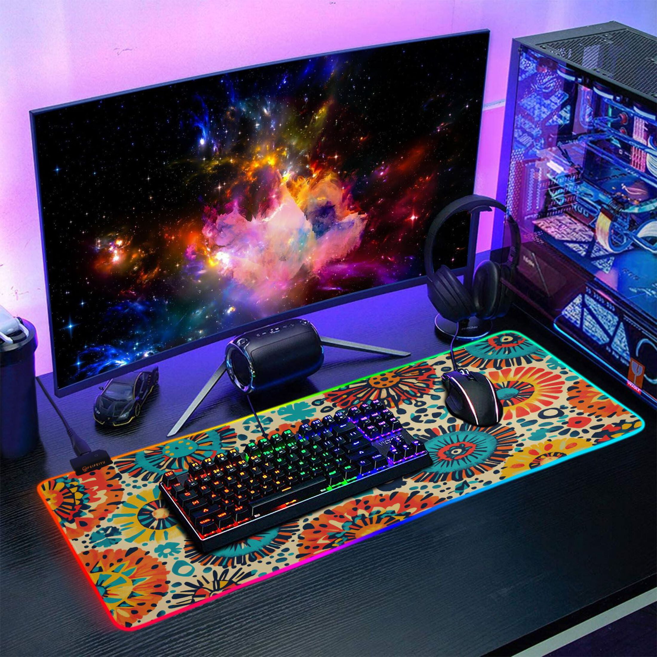 Haosy RGB Led Gaming Mouse Pad Non-Slip Large Keyboard Desk Mat 13 Light Modes 31.5x11.8 inch Colorful Bohemian Geometry