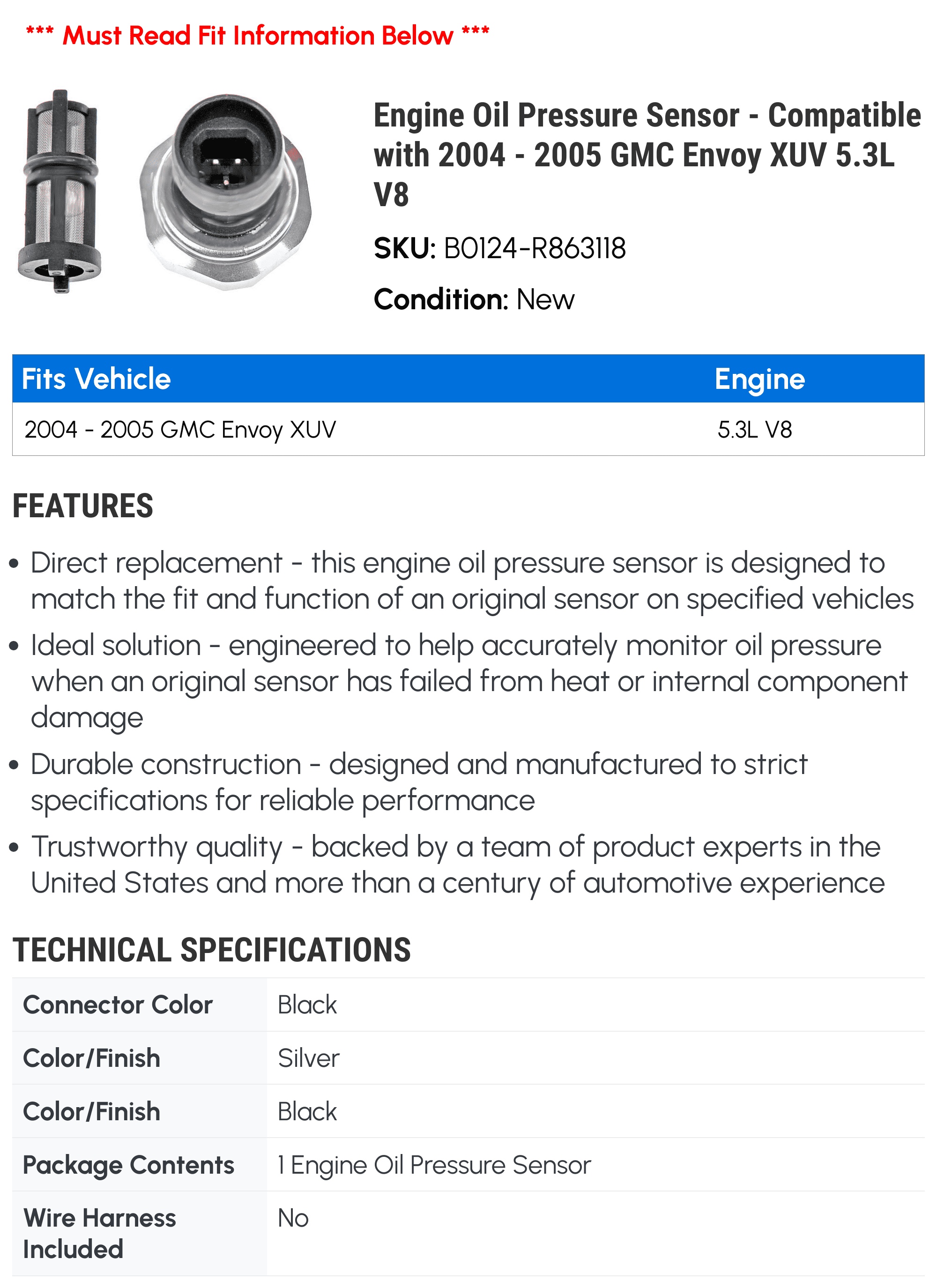 Engine Oil Pressure Sensor - Compatible with 2004 - 2005 GMC Envoy XUV 5.3L V8