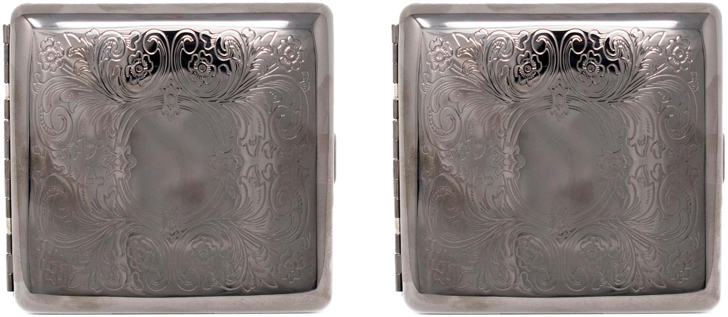 Set of 2 Metal-Plated King Size Cigarette Case & Stash Box (Black Victorian Floral)