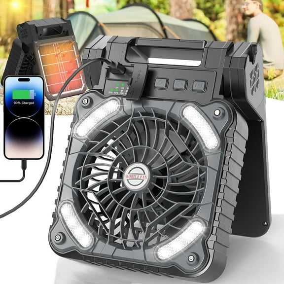 HYEASTR Portable Emergency Camp Light, Solar Fan with LED Lantern, 4 Speed, 3 Timers, 10400mAh Rechargeable - Black