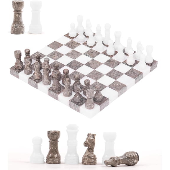Radicaln Marble Chess Set 10 inch White & Oceanic Luxury Chess Board Set with 32 Pieces & 2 Extra Queens, Classic 2 Player Game for Adults, Travel & Home Decor Friendly
