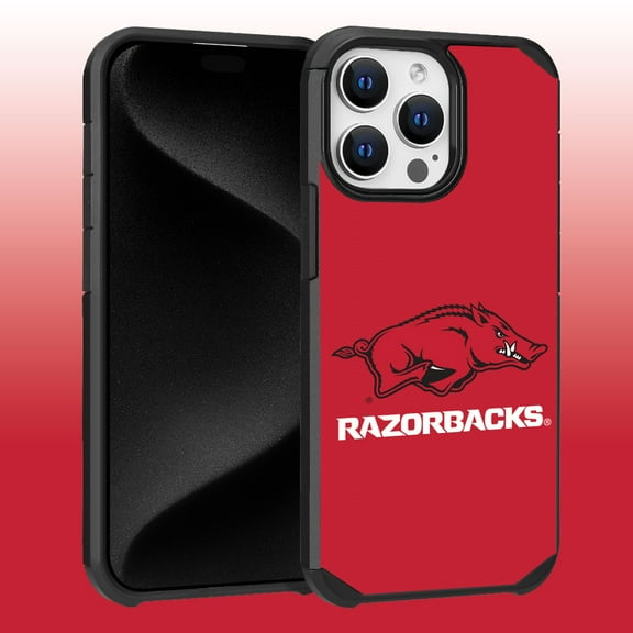 Apple iPhone 15 Pro Max (6.7) - Licensed NCAA University of Arkansas Razorbacks Logo on Red Textured Dual Layer Case