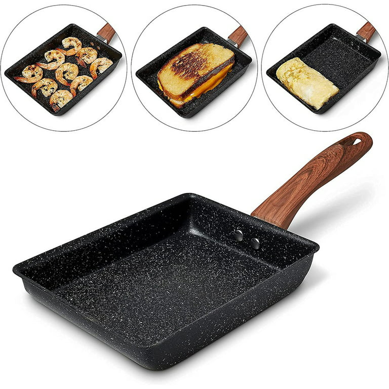 Tamagoyaki Pan Square Japanese Omelette Pan,Non-stick Egg Roll  Pan,Rectangle Frying Pan Wood Handle,with Silicone Brush & Solid Wood  Spetula,Grey