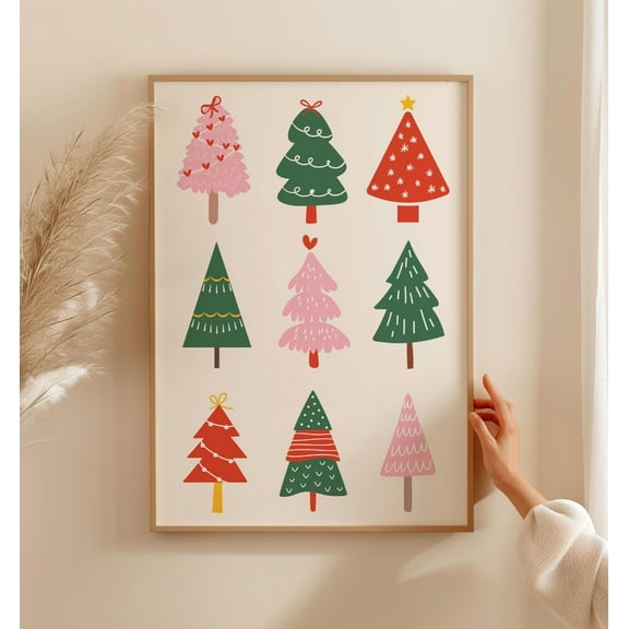 YaHaku Colorful Christmas Tree Poster, Modern Holiday Art, Cute Poster, Festive Winter Home Decoration