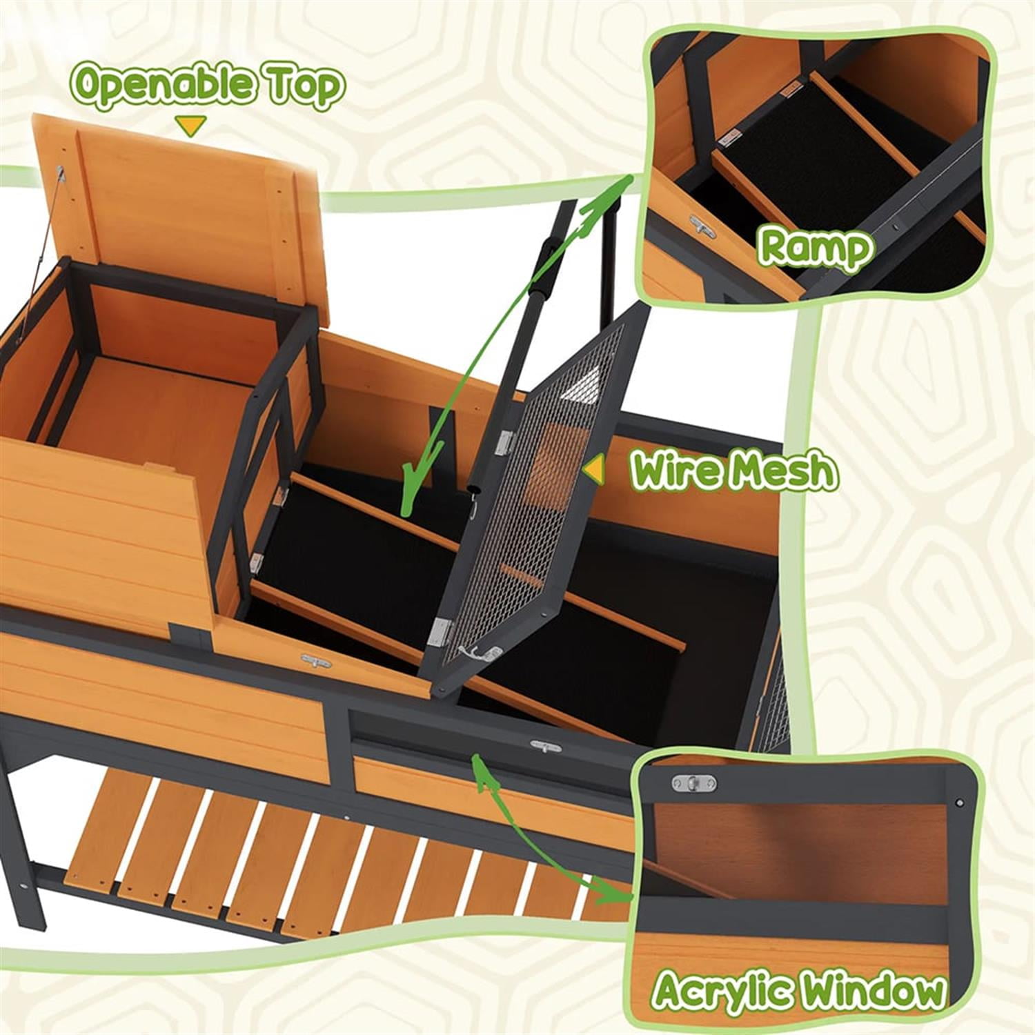 Kadyn 40" Wooden Tortoise House with Adjustable Lamp Holder, Shelf Storage, Reptile Cage Enclosure for Turtles, Lizards, Snakes, Small Animal Habitats, Yellow