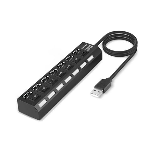 Insten 7 Port High Speed USB 2.0 Hub with Individual Power Switches On Off and LEDs for Laptop PC Computer USB Flash Drive Smartphone Transfer Data Speed up to 480Mbps Supports Windows Mac OS