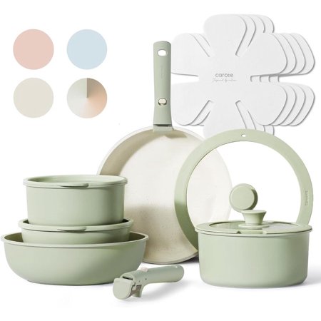 15-Piece Nonstick Cookware Set with Detachable Handles, Space-Saving Induction Pots and Pans Set for All Stoves/Oven/Table Serving, PFOS-Free Granite Coating + 70% Storage Saver (Green)