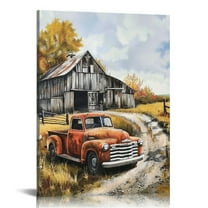 JRXY Farmhouse Canvas Wall Art, Old Farmhouse and Old-Fashioned Red Pick-Up Truck Painting Picture Rustic Farmhouse Poster Print for Living Room Bedroom Decor 16x20 in
