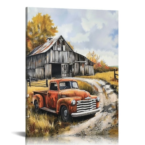 JRXY Farmhouse Canvas Wall Art, Old Farmhouse and Old-Fashioned Red Pick-Up Truck Painting Picture Rustic Farmhouse Poster Print for Living Room Bedroom Decor 16x20 in