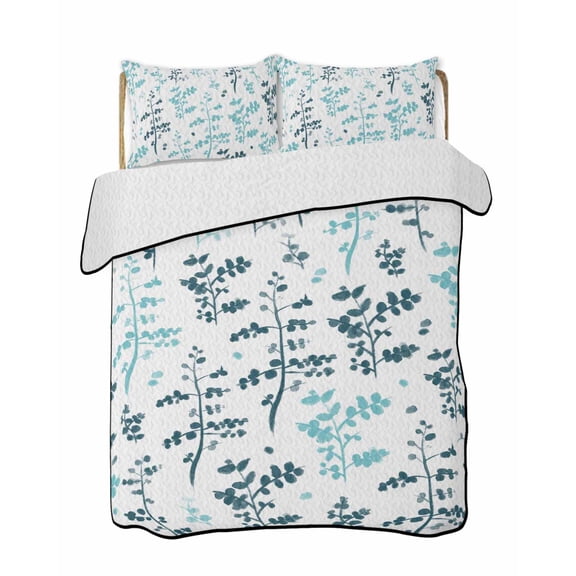 Twin Quilt Bedding Set, Teal Green Botanical Reversible Summer Quilt 3 Pieces, Watercolor Spring Floral Summer Leaf Lightweight Bedspreads Coverlets with 2 Pillow Shams for All Seasons
