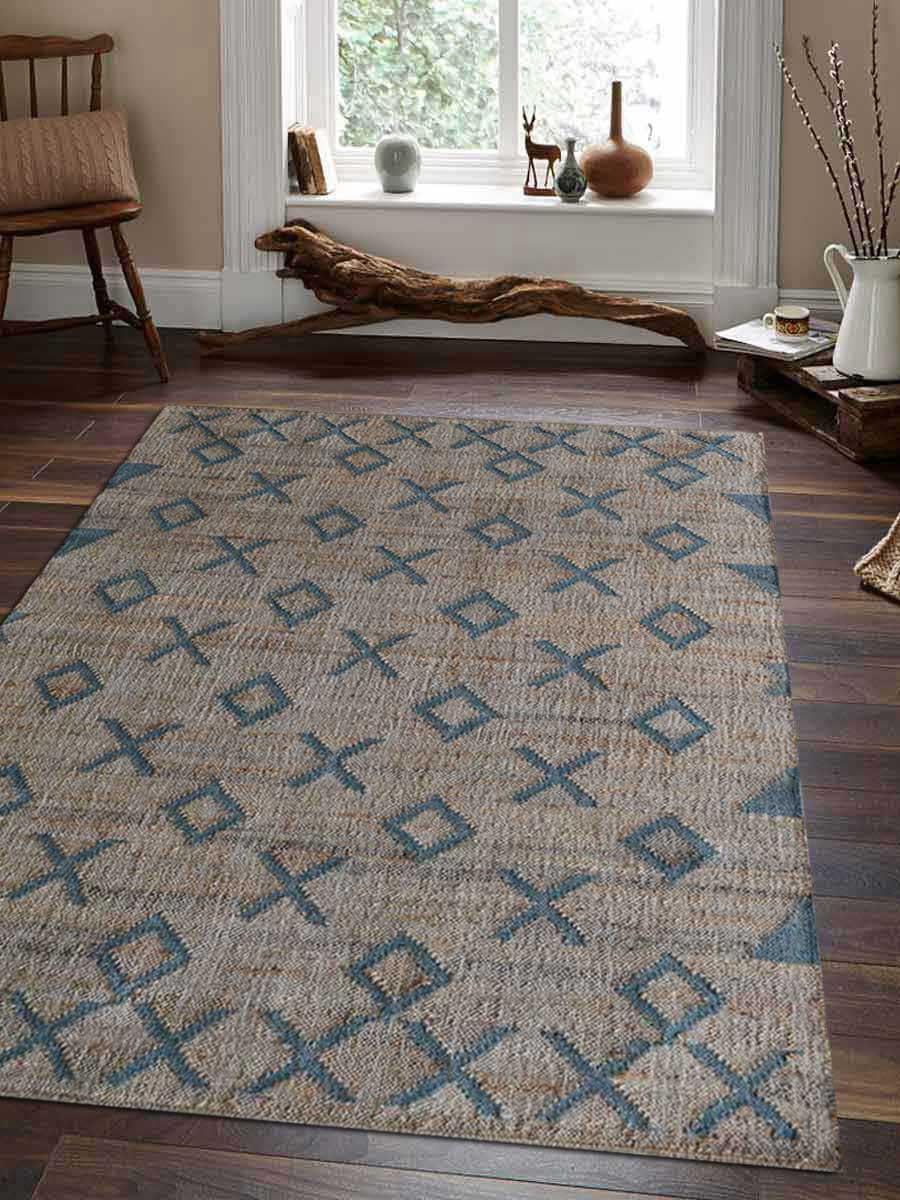 Wool Jute Handmade Kilim Area Floor Rug Handwoven Geometric Modern Rug 4 x 6 ft 
