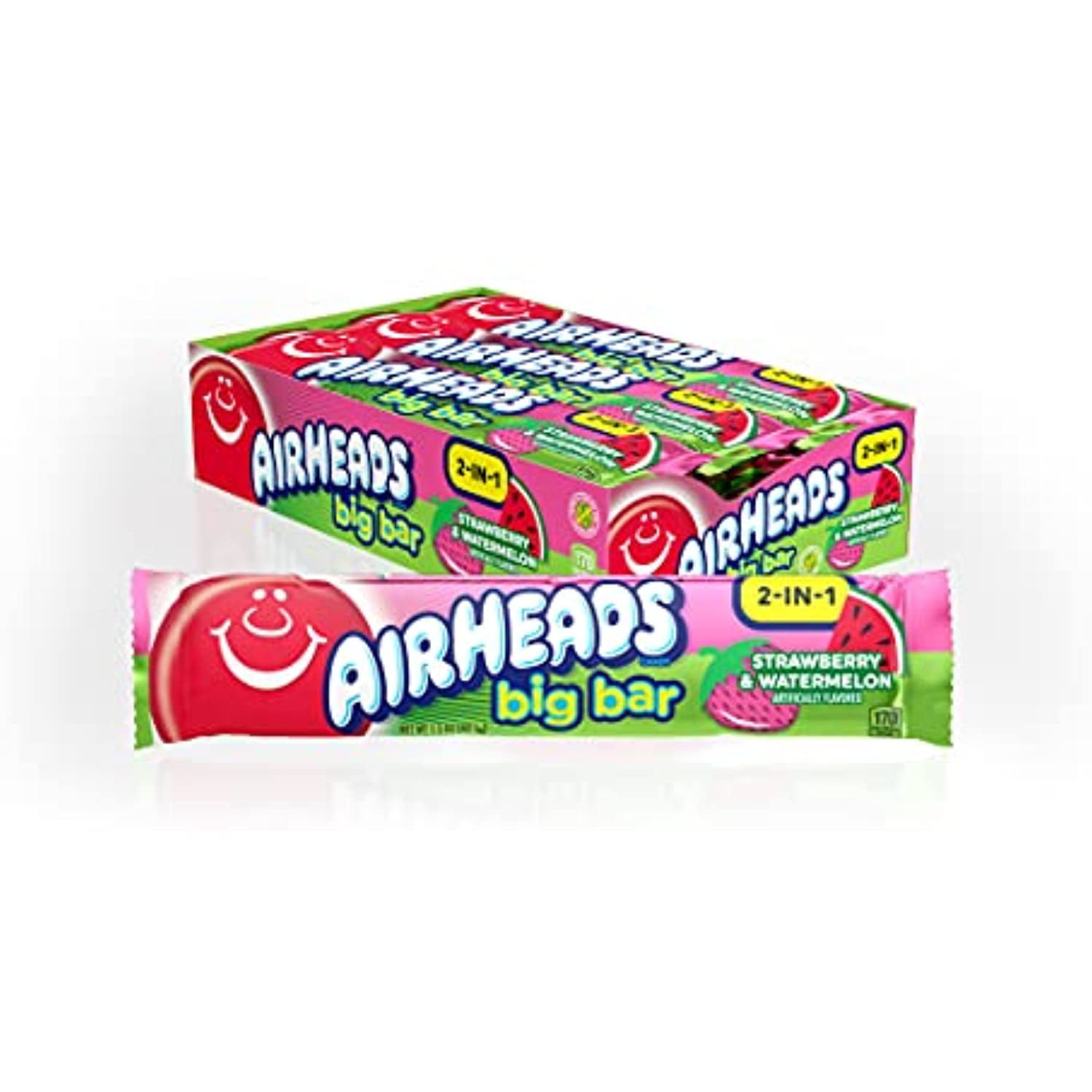 Airheads Candy 2-In-1 Big Bar, Strawberry And Watermelon, Non Melting, 1.50  Oz (Bulk Pack Of 24)