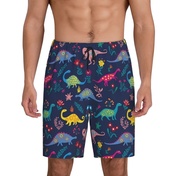 Fotbe Dinosaur Flowers Pantalones Cortos de Pijama para Hombre, Ropa de Dormir, Pantalones de Pijama Cortos para Hombre-Small