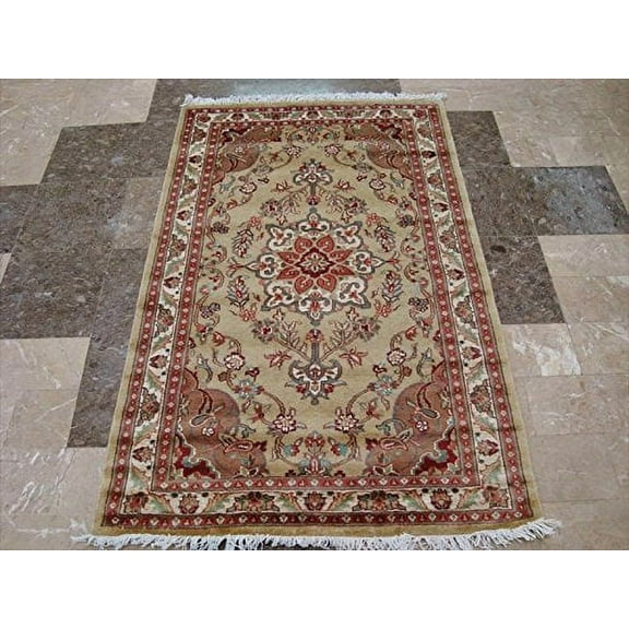 Ahmedani Linen Wow Cream Ivory Floral Oriental Area Rug Hand Knotted Wool Silk Carpet (5 x 3)'