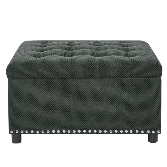 S-HOME Classic Tufted Design Storage Ottoman With Nailhead Trim 30 Inch Square Upholstered Footstool For Living Room Or Bedroom Decor, Dark Grey
