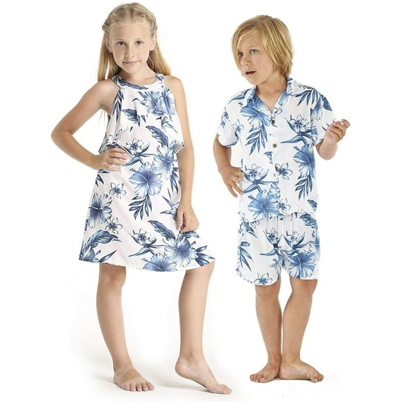 Matching Boy and Girl Siblings Hawaiian Luau Outfits in Bloom