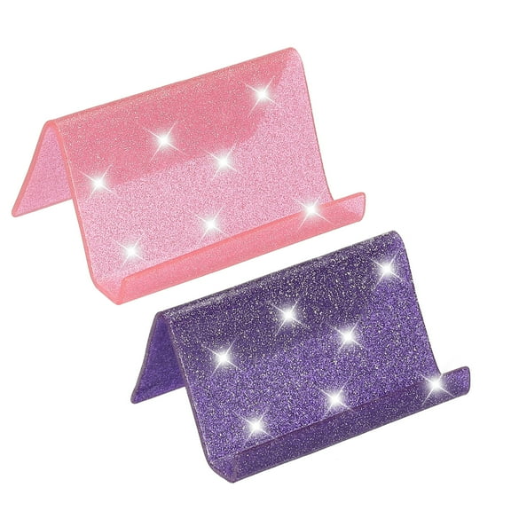 Business Card Holder for Desk, 2Pcs Acrylic Business Card Holders Shine Card Stand Organizer Cards Display for Office, Pink/Purple