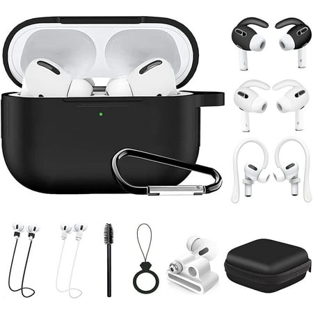 Airpods Pro Case, 12 in 1 Silicone Airpod Pro Accessories kit Set, Apple Airpods Charging Case Cover Skin with Ear Hook/Earbuds Band Holder/Brush/Keychain/Eartips (Black) | Walmart
