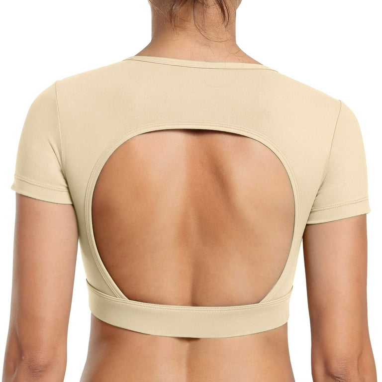 Lisingtool t shirts for women Womens Open Back Tee Tops With Removable Pads  Workout Backless T Shirt Bra Top women tops Khaki 
