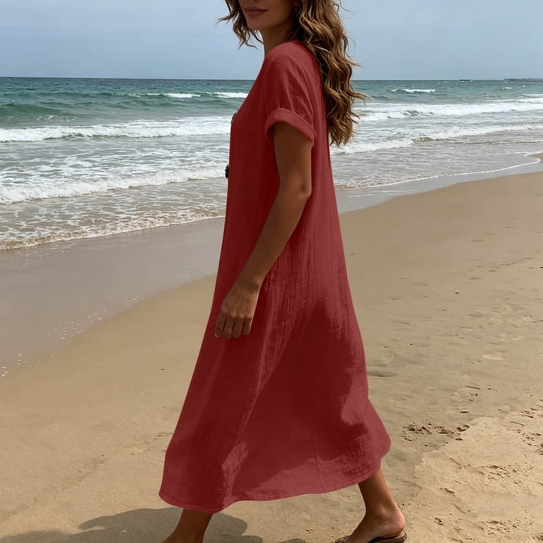 lightweight cotton summer dresses Locachy Women's Casual V Neck Button Down Short Sleeve Midi Skater Dresses Light Khaki S at Amazon Women's Clothing store The Palma Cotton Collection is