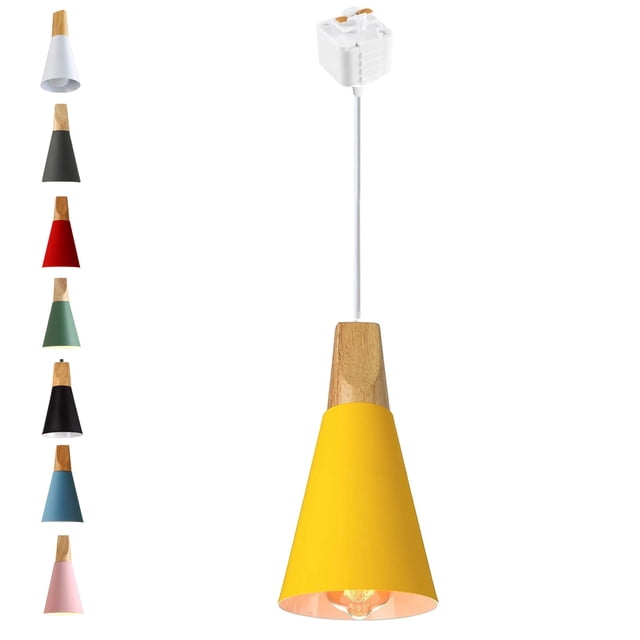 FSLiving J-Style Track Mount Pendant Fixture Scandinavian Style Pendant Lights for Kitchen Hanging Lamp Modern Wood and Aluminium Light Customizable,Yellow - 1 Light