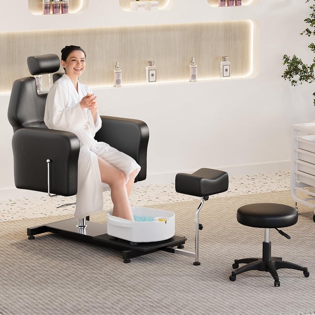 GloryStar Chaise de Pédicure Rotation 360° Station de Pédicure Portable avec Repose-Pieds Réglable et Bol de Massage, Tabouret de Pédicure Roulant Sans Plomberie pour Salon de Beauté Salon Maison